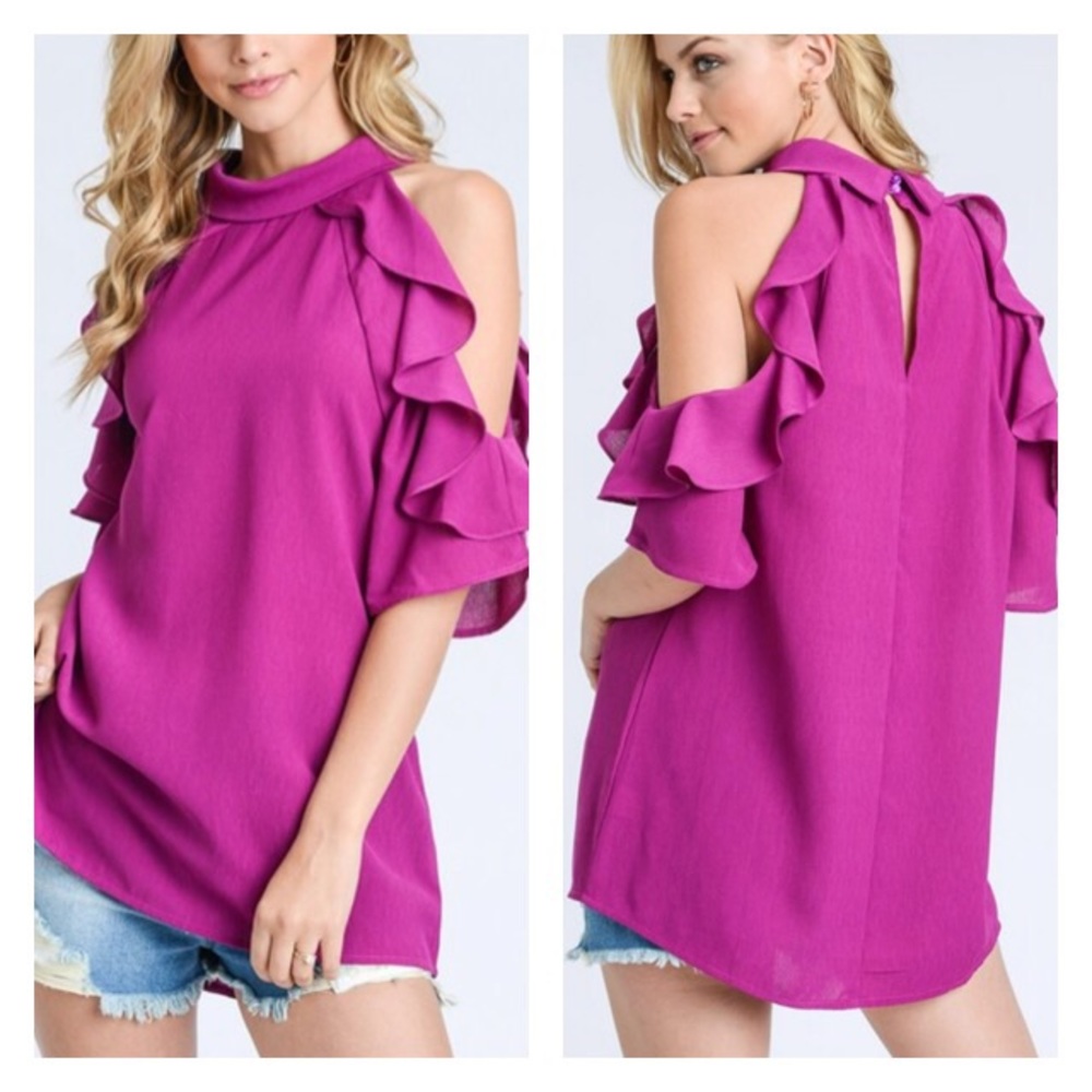 Magenta Open Cold Shoulder Ruffled Sleeve Blouse - Picture 2 of 2